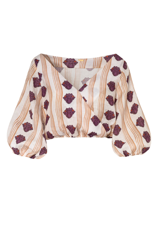 Beatrice Linen Top / White Beige Stripes